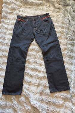 Lamasini Men's Dark Wash Denim Jeans Y2K Size 38x30 with Red and Green Trim